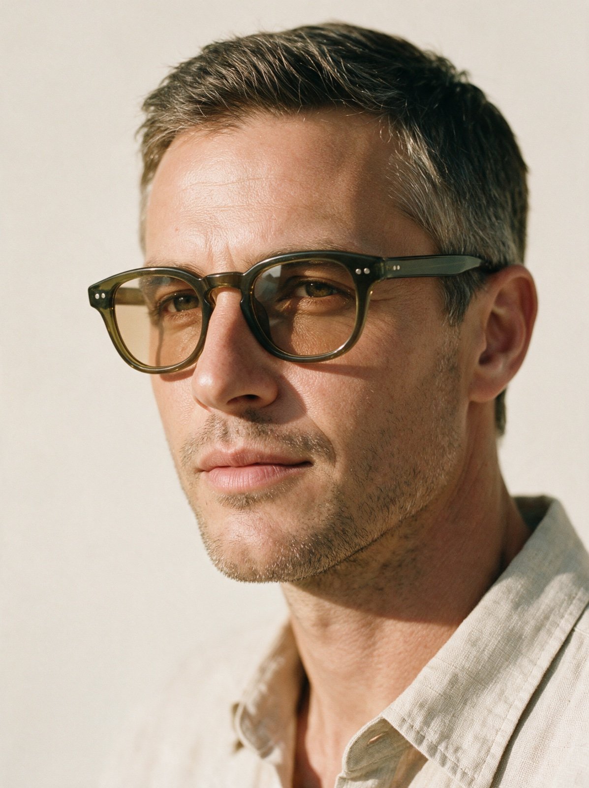 Man with greying hair wearing the Bohemian frame, three quarter view