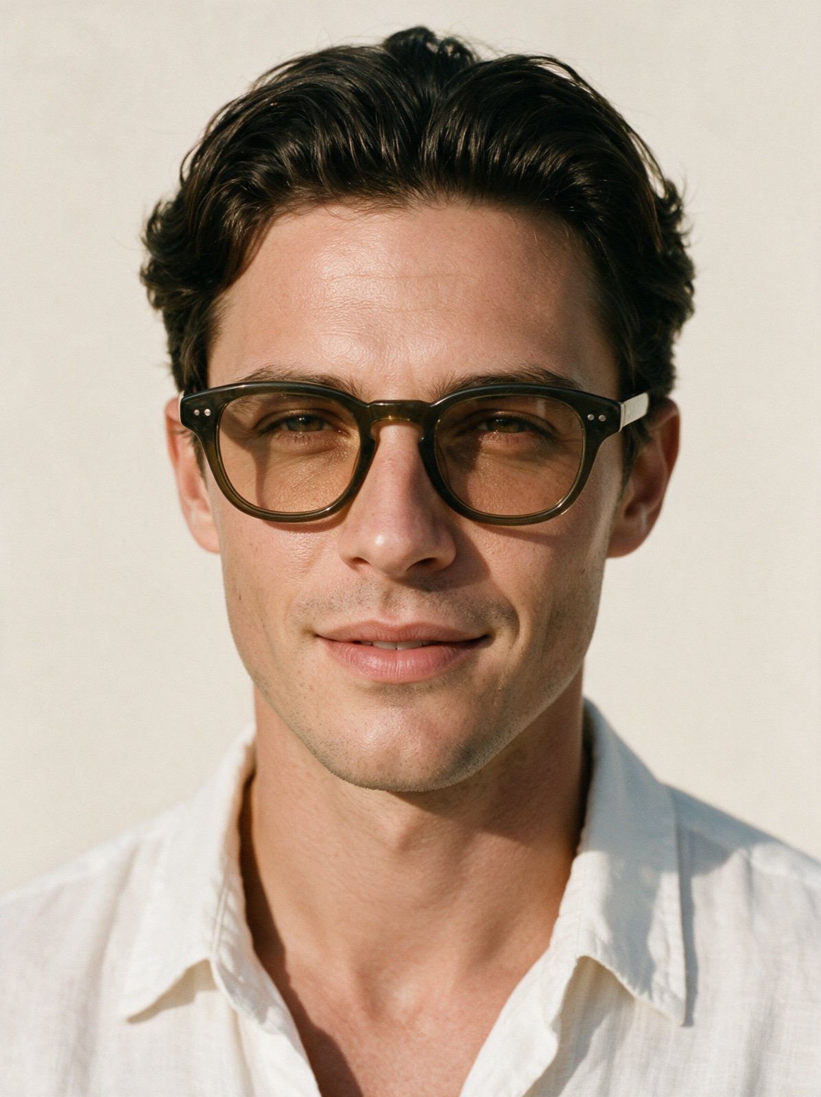 Man with dark wavy hair wearing the Bohemian frame, facing the camera