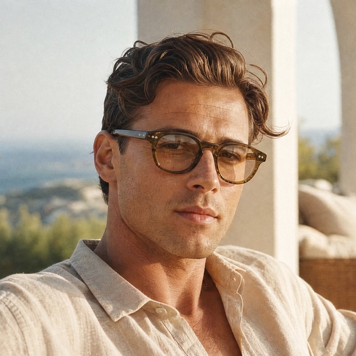 Close view of STØRM glasses sitting on the nose of a man in the sun